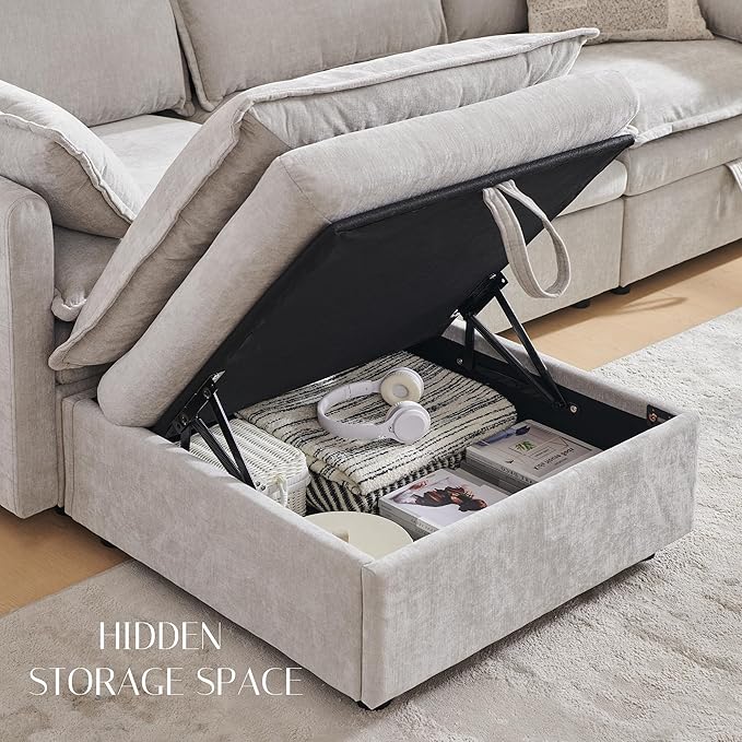 116.54" Sectional Couches for Living Room, Cloud Couch Sectional with Large Storage, U-Shape Modular Sectional Sofa with Ottoman,6 Chenille Seater with Pillow for Apartment, Bedroom, Light Grey