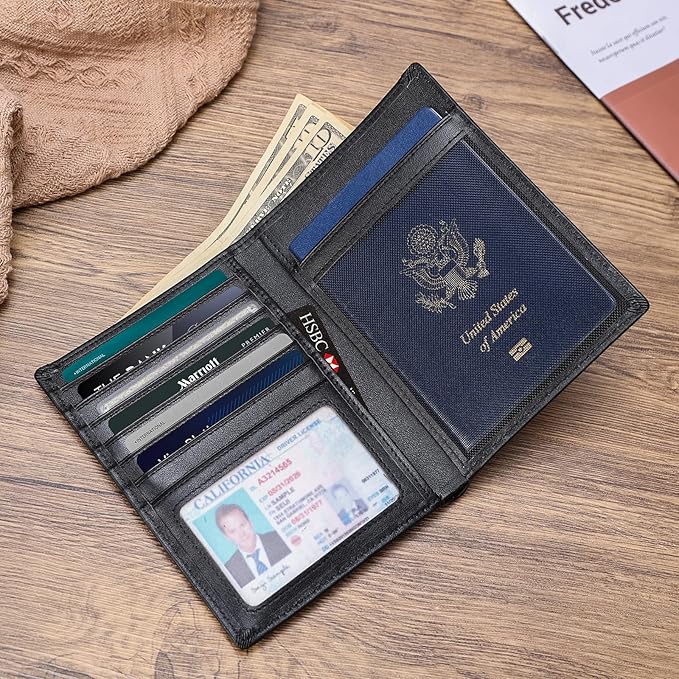 Polare Luxury RFID Blocking Leather Passport Holder Travel Wallet For Men and Women (Black with AirTag Slot)