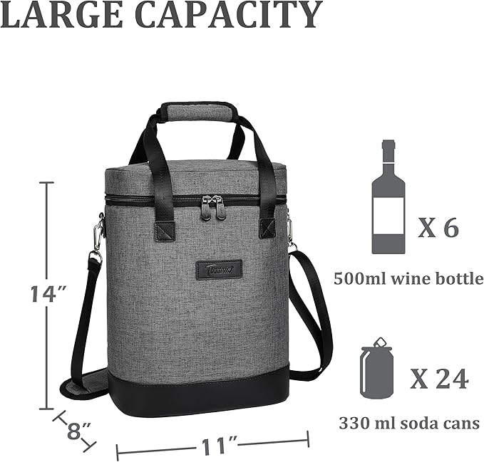 Tirrinia 6 Bottle Wine Cooler Bag - Insulated Padded Portable Versatile Wine Gift Carrier Tote Bag for Travel, BYOB Restaurant, Wine Tasting, Party, Pecfect Gift for Wine Lover, Grey