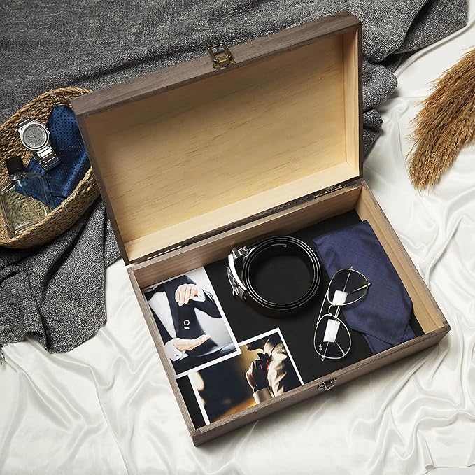 makerflo XL Black Pine Wood Memory Box with Black Felt Inside, Hinged with Clasp, Keepsake Wooden Box Ideal for Craft and Personalization (Laser Engraving, Epoxy, UV DTF, and Vinyl) – Pack of 1