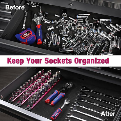 WORKPRO Magnetic Socket Organizer, 1/4-Inch Drive Aluminum Alloy Socket Rail, Heavy Duty Socket Holder, Socket Rack Kit 1/4-Inch x 12 Clips Rose Red (Socket not Included)