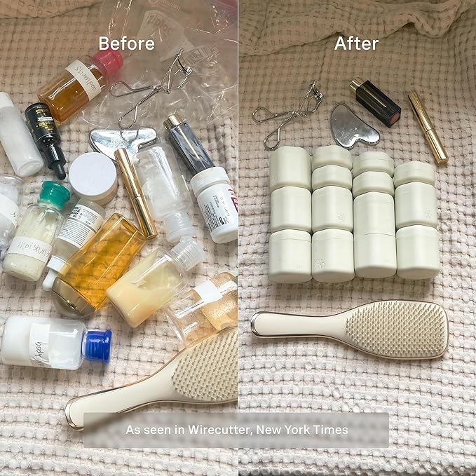 Cadence Travel Containers - Core Skincare Set - Magnetic Containers with Lids,2 Small (0.56oz) & 3 Medium (1.32oz) - Cleanser, Moisturizer, Serum, Makeup Remover & Sun Icon Labels - Sand
