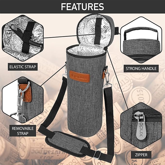 opux Wine Bag Single Bottle Carrier Tote, Insulated Wine Cooler Bag for Travel Picnic Beach with Shoulder Strap, Thermal One Bottle Holder Carrying Case Wine Gift for Women Men, Charcoal Gray