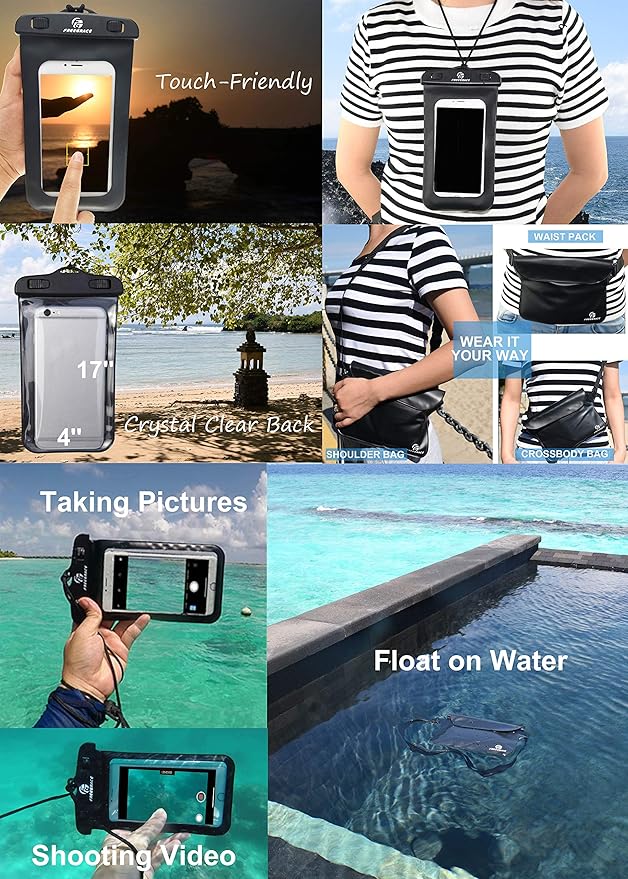 Freegrace Waterproof Dry Bags Set of 3 Dry Bag with 2 Zip Lock Seals & Detachable Shoulder Strap, Waist Pouch & Phone Case - Can Be Submerged Into Water - for Swimming (Black(Window), 20L)