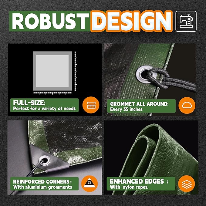 10x12 Feet Tarp Waterproof,9Mil Thick,Finished Size Tarps,UV Resistant,Durable,Multipurpose Poly Tarp Cover with Metal Grommets and Reinforced Edges,Green/Black by RAINDEWAY