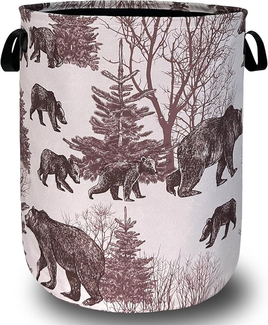 Forest Bear Laundry Hamper With Handles Foldable Oxford Cloth Retro Animals Tote Bag Bears Funny Laundry Basket Clothes Toy Storage Bucket 18.9" x 16.5" For Bathroom/Laundry/Bedroom