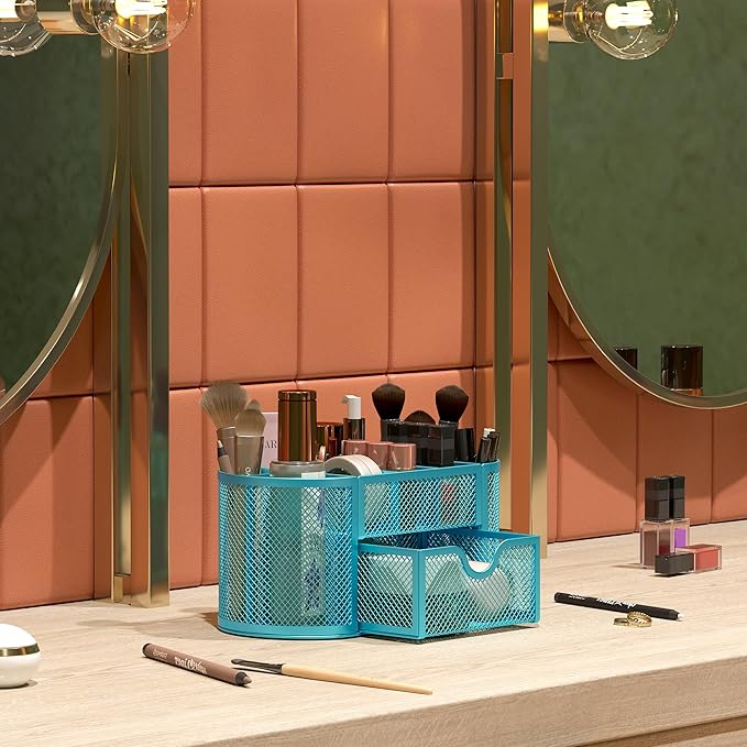 EasyPAG Mesh Pen Holder Desk Organizer with Drawer Stationery Supplies Organizer for Dorm School 9 Compartments Workspace Desk Accessories Organization for Office, Blue