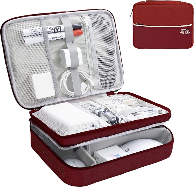 Electronics Organizer,Travel Cord Organizer Pouch, Portable Cable Organizer Bags, Waterproof Electronic Accessories Storage Case for Cables, Cords, Charger, Phone (Three Layer-Winered)