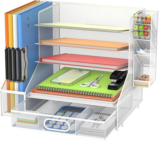 DALTACK Mesh Desk Organizer, 5-Tier Paper Letter Tray with File Holder & Pen Holder & Sliding Drawer, Desktop Organizer and Storage for Desk Accessories Office Supplies, White