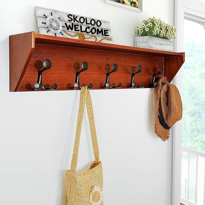 SKOLOO Wall Shelf with Hooks, 35-Inch Cherry Coat Rack Wall Mount with Shelf Organizer - Lightweight & Sturdy, 5 Tri Hooks - Perfect for Entryway, Hallway, Living Room, Bedroom, Mudroom