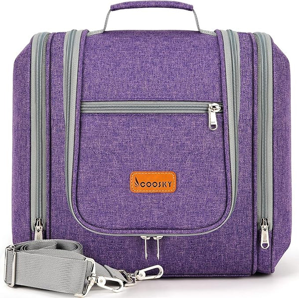 Extra Large Toiletry Bag for Women and Men, 6 Organizer Compartments, Holds Full Size Shampoo, with Hanging Hook Cosmetic Bag, Travel Makeup Bag, Bathroom Water-resistant Toiletries Bag, Purple