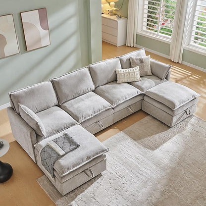 116.54" Sectional Couches for Living Room, Cloud Couch Sectional with Large Storage, U-Shape Modular Sectional Sofa with Ottoman,6 Chenille Seater with Pillow for Apartment, Bedroom, Light Grey