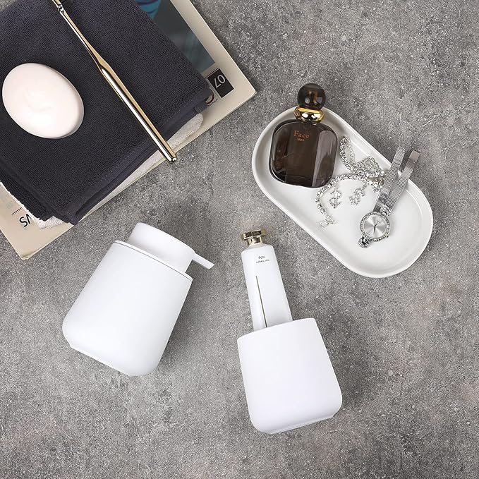 BosilunLife White Bathroom Accessory Set - 3 pcs Ceramic Bathroom Soap Dispenser Set Farmhouse Bathroom Decor Sets Accessories, Soap Dispenser and Toothbrush Holder, Tray (White Set - Liquid Pump)
