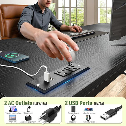 39.3" Gaming Desk with Power Outlet and LED Lights,Computer Desk with Adjutable Monitor Stand and Drawer,Office Desk with CPU Stand for Home Work,Study and Gaming, Small Spaces,Black