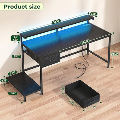 39.3" Gaming Desk with Power Outlet and LED Lights,Computer Desk with Adjutable Monitor Stand and Drawer,Office Desk with CPU Stand for Home Work,Study and Gaming, Small Spaces,Black