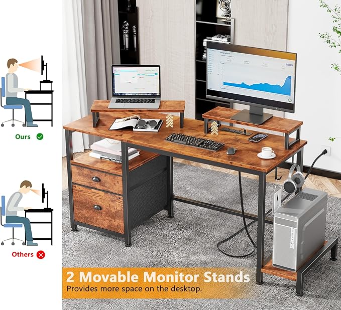 Furologee 47" Computer Desk with File Cabinet and Power Outlets, Home Office Desk with 2 Monitor Stands and Storage Drawer, Writing Gaming Table with Shelves and 2 Hooks for Bedroom, Rustic Brown