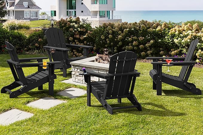 SERWALL HDPE Folding Adirondack Chair with Dual Cup Holder - Composite Adirondack Chair Set of 2- Black