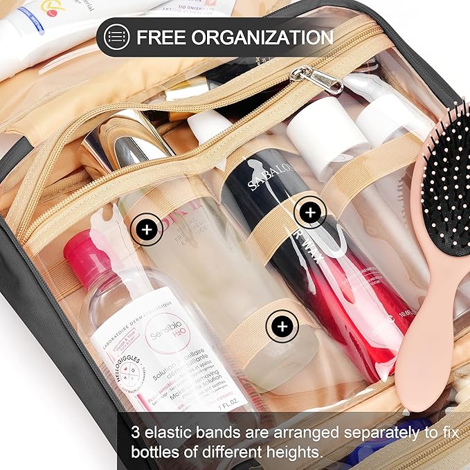 Travel Hanging Toiletry Bag for Women, Cruise Ship Essentials, with Jewelry Organizer, Medium Makeup Dopp Kit, Waterproof Cosmetic Bags, Toiletries Kit Set Accessories with Trolley Belt, Black