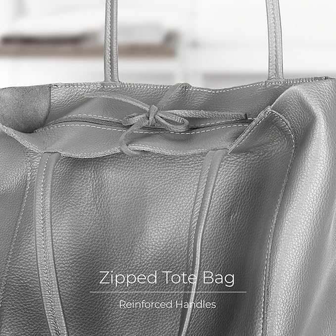 Italian Calf Leather Tote for Women with Zipper, Inner Pocket & Flat Base | Soft Unlined Shopper for Work & Travel
