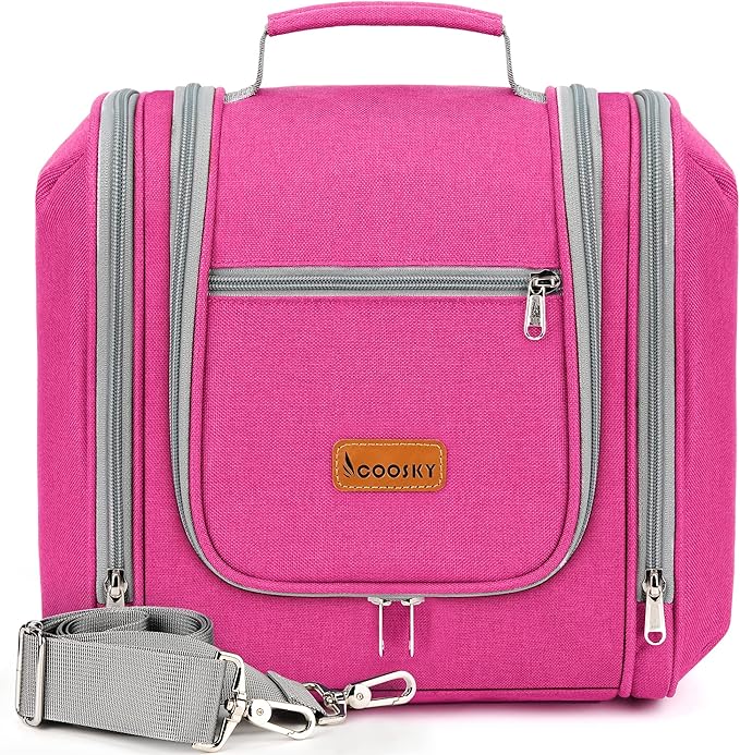 Extra Large Toiletry Bag for Women and Men, 6 Organizer Compartments, Holds Full Size Shampoo, with Hanging Hook Cosmetic Bag, Travel Makeup Bag, Bathroom Water-resistant Toiletries Bag, Rose Red