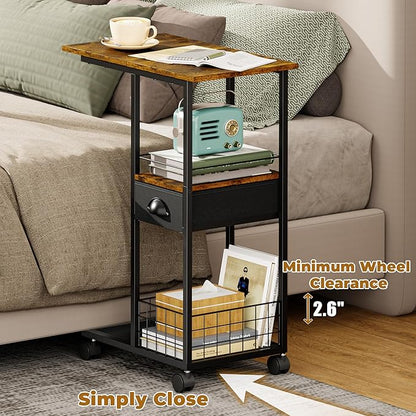 C Shaped Sofa Side Table with Wheels, Rolling Small Coffee Table with Drawer, Portable TV Tray Table for Couch, Bedside Table with Storage, Narrow Nightstand for Bedroom, End Tables Living Room
