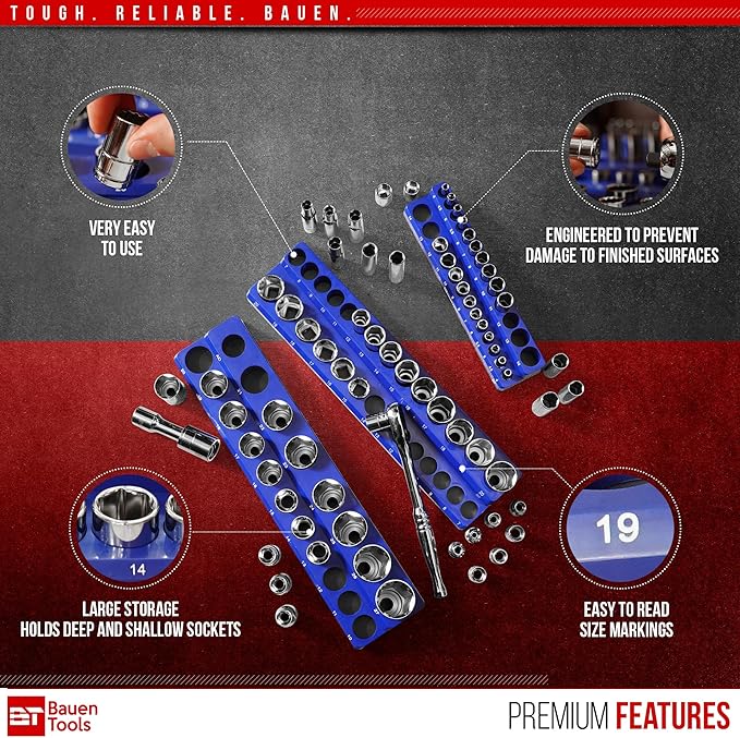 Magnetic Socket Organizer Set -3 Piece Metric Magnetic Socket Holder Set Blue - 1/2-inch, 3/8-inch & 1/4-inch Drive, Holds 75 Sockets, Professional Grade Socket Tray Organizer. NEW VERSION