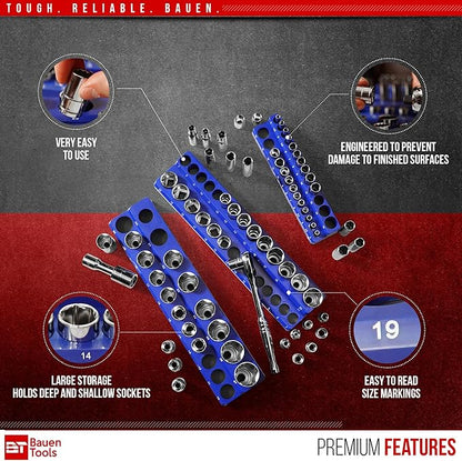 Magnetic Socket Organizer Set -3 Piece Metric Magnetic Socket Holder Set Blue - 1/2-inch, 3/8-inch & 1/4-inch Drive, Holds 75 Sockets, Professional Grade Socket Tray Organizer. NEW VERSION