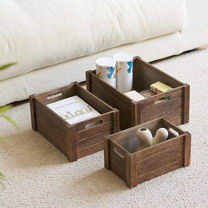Large Vintage Brown Wooden Crates For Storage,Nesting Handmade Solid Wood Vintage Black Wood Storage Boxes.Storage Crates For Organizing.