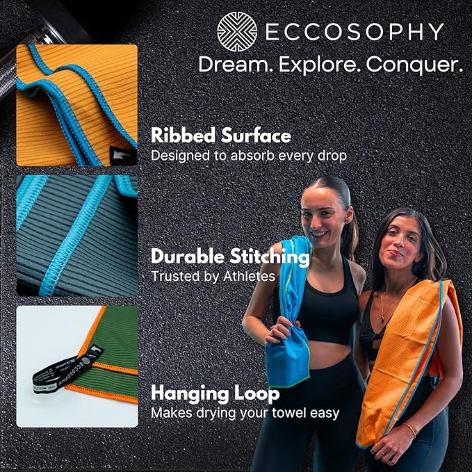 ECCOSOPHY Microfiber Beach Towel – Quick Dry Gym Towel, Highly Absorbent with Ribbed Texture, Lightweight – Ideal for Travel, Pool, Yoga, Fitness & Outdoor Adventures – 60x30 Creamsicle