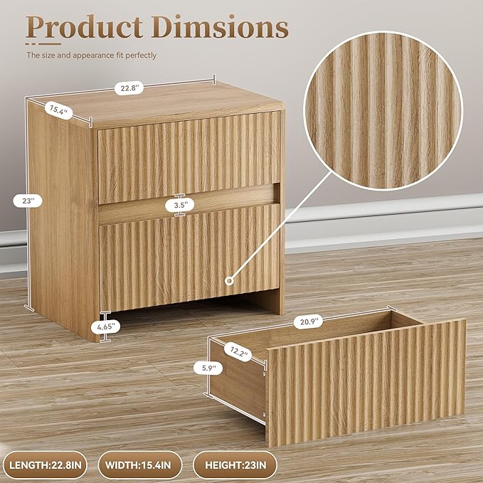 Fluted Nightstand, 23" Wood Bedside Table with 2 Storage Drawers, Oak Modern Night Stand for Bedroom, Office, Oak
