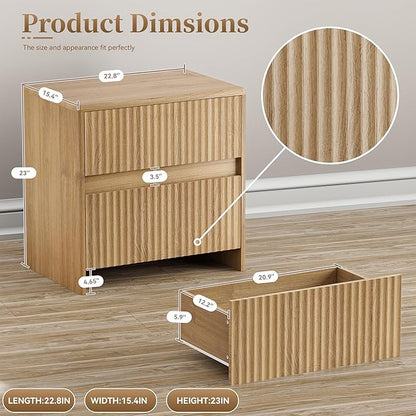 Fluted Nightstand, 23" Wood Bedside Table with 2 Storage Drawers, Oak Modern Night Stand for Bedroom, Office, Oak