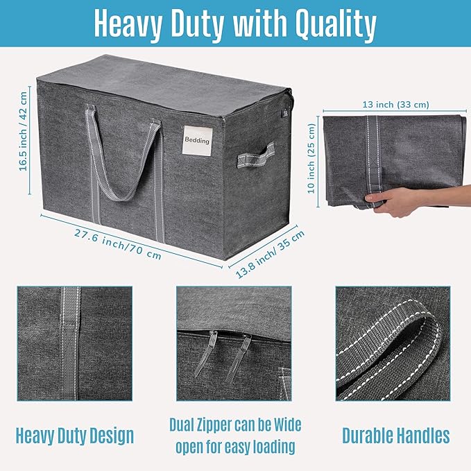 VENO 4 Pack Moving Bags, Heavy Duty, Moving Boxes Alternative, Packing Storage Supplies for Dorm Room Essentials with Zipper for Clothes, Extra Large Totes for Packaging (Dark Gray, 4 Pack)