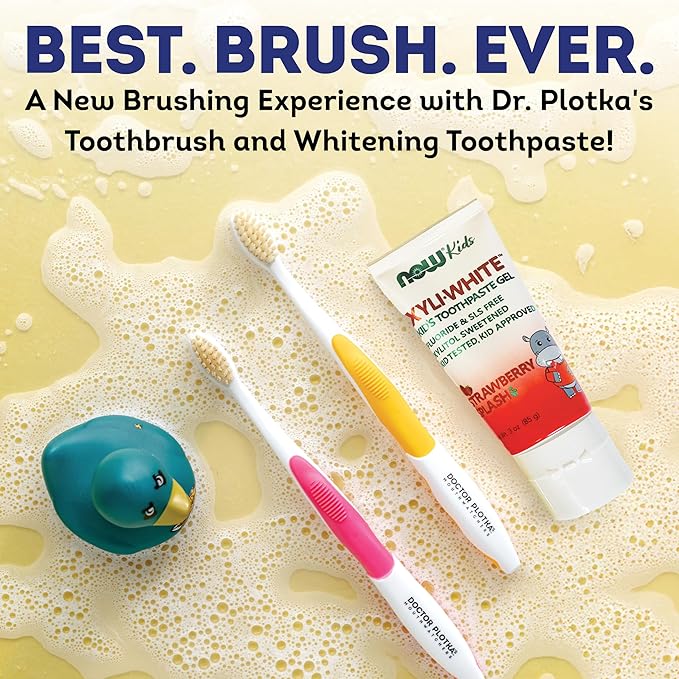 MOUTHWATCHERS Soft Kids Toothbrush, 2 Manual Flossing Toothbrushes and 2 Strawberry Fluoride Free Toothpastes, 3 oz, Gift Set, by Dr. Plotka's
