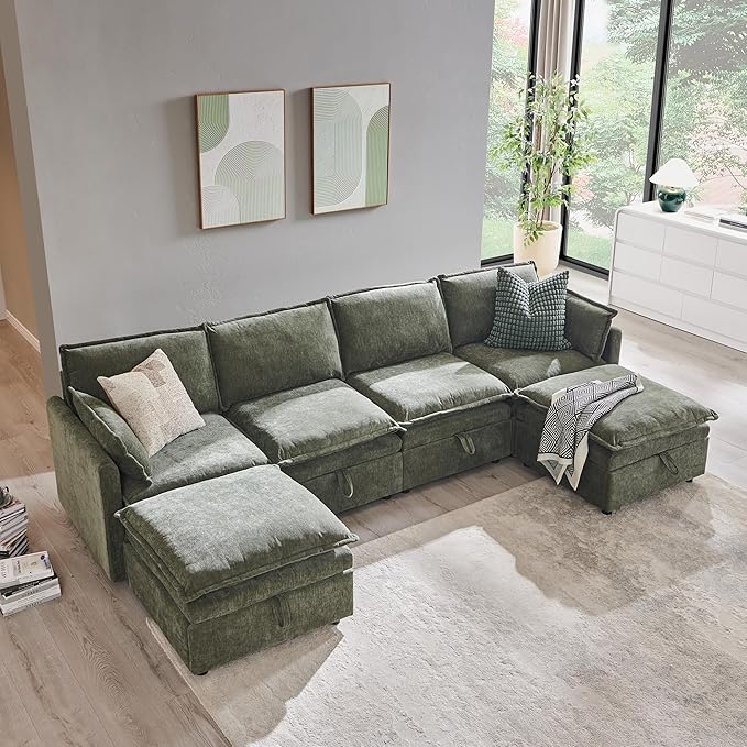 116.54" Sectional Couches for Living Room, Cloud Couch Sectional with Large Storage, U-Shape Modular Sectional Sofa with Ottoman,6 Seater Chenille Sofa with Pillow for Apartment, Bedroom, Green