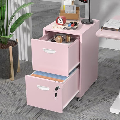 2 Drawer Mobile File Cabinet with Lock, Metal Filing Cabinets with Wheels, Pink Rolling Storage Cabinet, Under Desk Vertical File Cabinet for Home Office, Lockable Steel Two Drawer for Letter Size