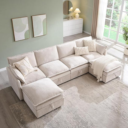116.54" Sectional Couches for Living Room, Cloud Couch Sectional with Large Storage, U-Shape Modular Sectional Sofa with Ottoman,6 Seater Chenille Sofa with Pillow for Apartment, Bedroom, Beige