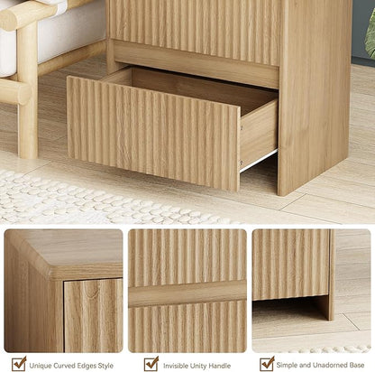 Fluted Nightstand, 23" Wood Bedside Table with 2 Storage Drawers, Oak Modern Night Stand for Bedroom, Office, Oak