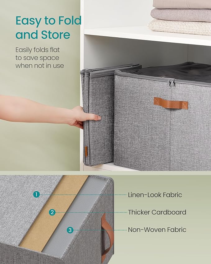 SONGMICS Shoe Organizer for Closet, Shoe Storage Bin, Fits 16 Pairs, Fabric Container with Handles and Clear Cover, Adjustable Dividers, Customizable, Dove Gray ULSP555G01