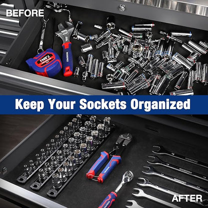 WORKPRO Magnetic Socket Organizer, 1/4-Inch Drive Aluminum Alloy Socket Rail, Heavy Duty Socket Holder, Socket Rack Kit 1/4-Inch x 12 Clips Black (Socket not Included)