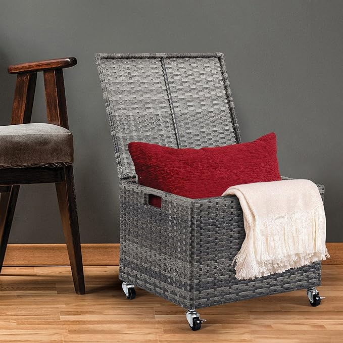 BIRDROCK HOME Rolling File Box - Storage Cabinet with Wheels - Weatherproof Rattan-Style Resin Deck Chest for Garden, Home and Office - Organize Cushions, Toys, and Accessories - Storage Box - Grey