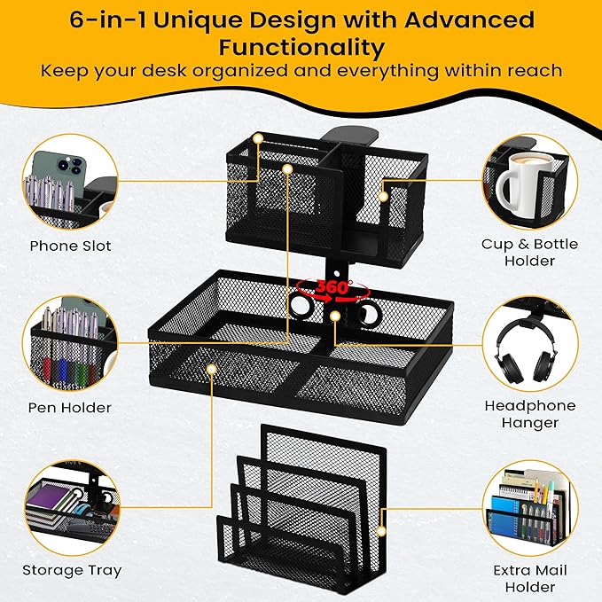 6-in-1 Under Desk Drawer Organizer with Clip On Cup Holder, Easy to Install Standing Desk Drawer Attachment, Space-Saving Clamp Organizer for Home & Office