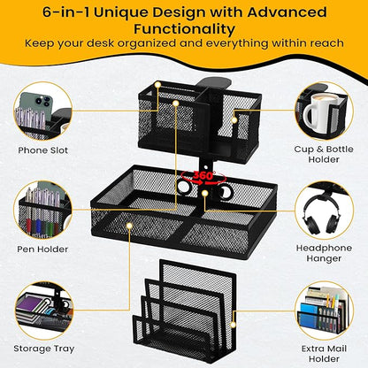 6-in-1 Under Desk Drawer Organizer with Clip On Cup Holder, Easy to Install Standing Desk Drawer Attachment, Space-Saving Clamp Organizer for Home & Office