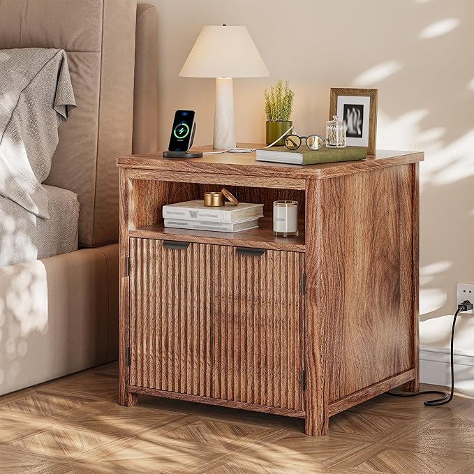 Fluted Nightstands Set of 2 with Charging Stations, 23.6" Wide Walnut Nightstand with Storage Drawers, Side Tables, Modern Farmhouse End Tables for Bedroom, Walnut Brown
