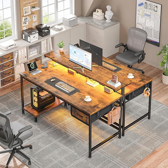 39.3Inch Office Desk with Power Outlet & Drawer, Gaming Desk with CPU Stand& LED Lights,Computer Desk with Ergonomic Monitor Stand for Small Space,Rustic Brown