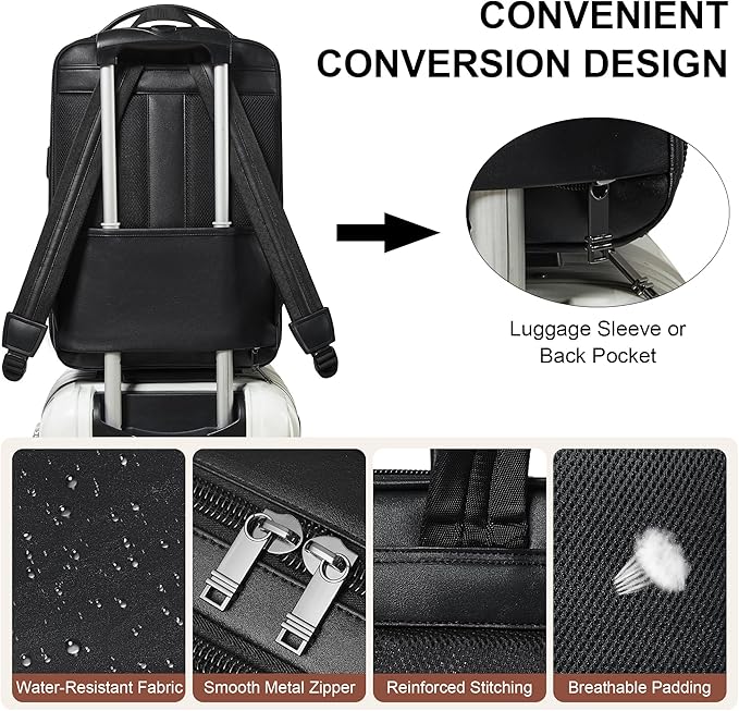 Vegan Leather Laptop Backpack for Women&Men,16 Inch Expandable Backpack with USB Charging Port,Two-toned Black