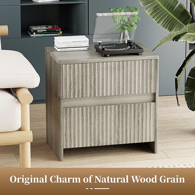 Fluted Nightstand, 23" Wood Bedside Table with 2 Storage Drawers, Modern Night Stand for Bedroom, Office, Grey