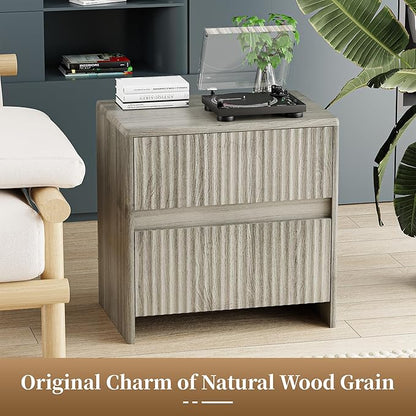 Fluted Nightstand, 23" Wood Bedside Table with 2 Storage Drawers, Modern Night Stand for Bedroom, Office, Grey