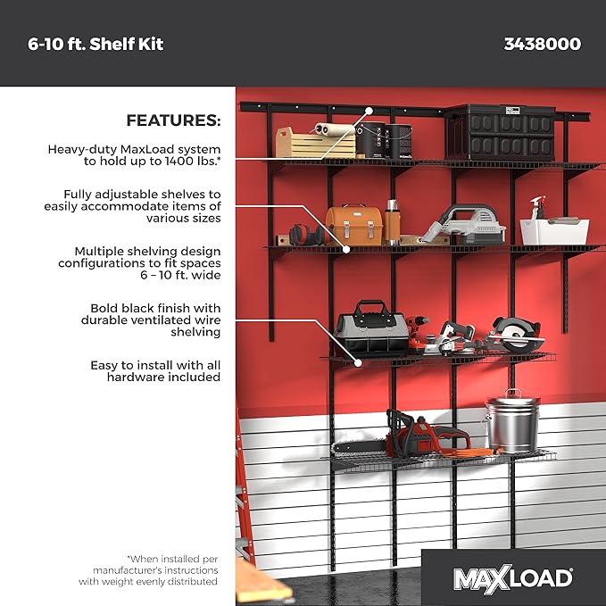 ClosetMaid MaxLoad Heavy Duty Wall Shelf Kit for Garage, 6 – 10 Ft., Adjustable ShelfTrack Wire Shelving, Black Finish