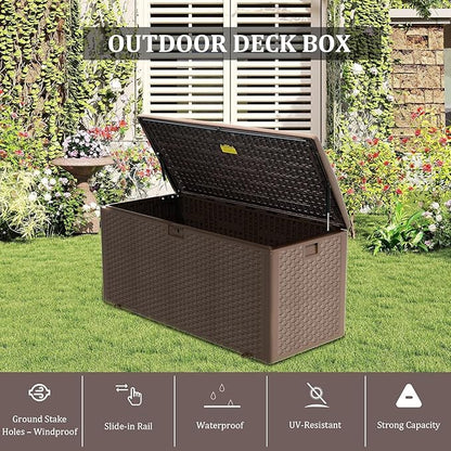 180 Pro Gallon Deck Box,Outdoor Storage Box Lockable,Waterproof for Patio Furniture, Garden Tools, Pool Accessories, Package Delivery Boxes For Outside, Brown
