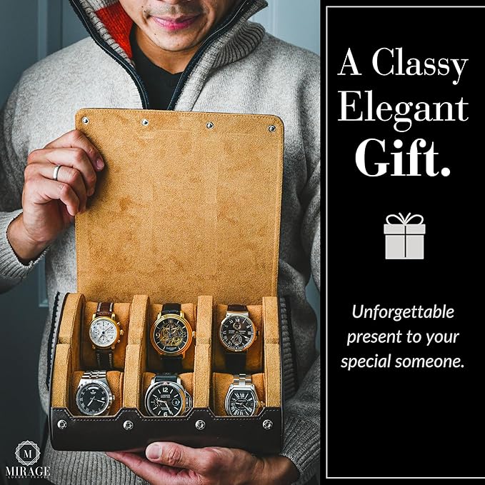 6 Watch Travel Cases for Men - Watch Roll 6 Slots Travel Organizer - Espresso Brown -Signature Hexa Collection